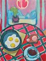 abstract painting of breakfast table with fried eggs