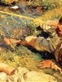 painting of a sprawled out man fly fishing