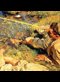 painting of a sprawled out man fly fishing