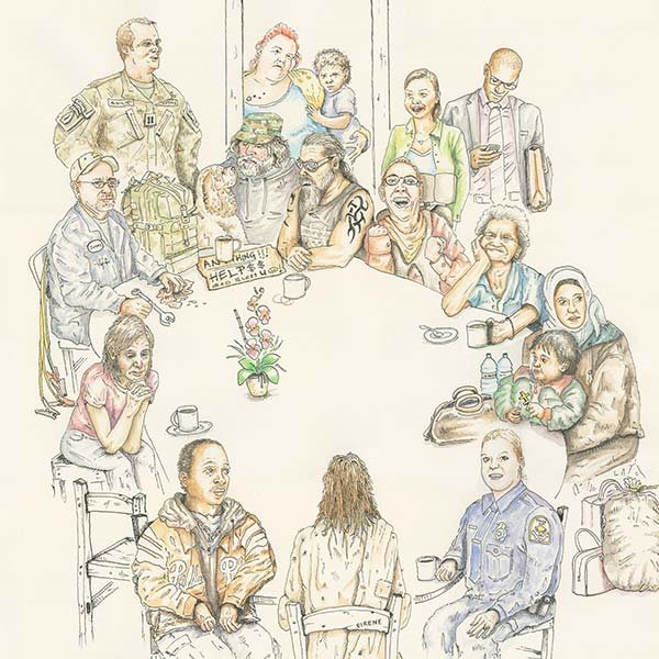 drawing of people around table