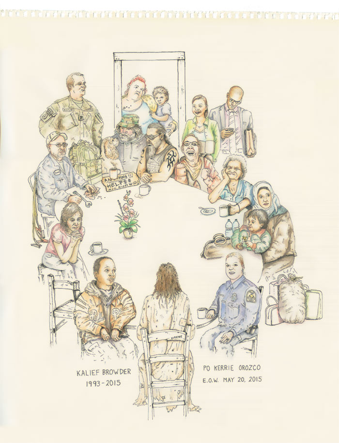 drawing of people around table