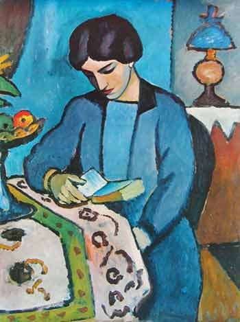 painting of woman dressed in blue reading a book