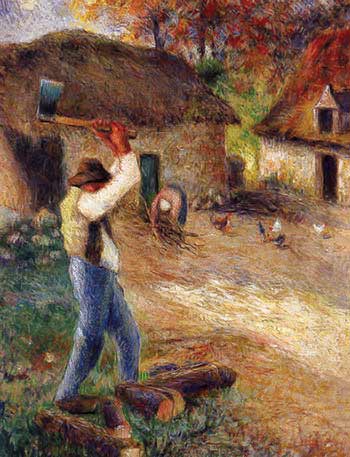 painting of man chopping wood