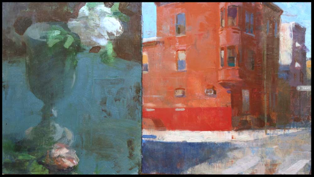 painting of red house and white rose