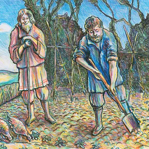 drawing of a man working in garden