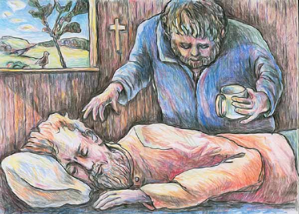 drawing of a man caring for sick person