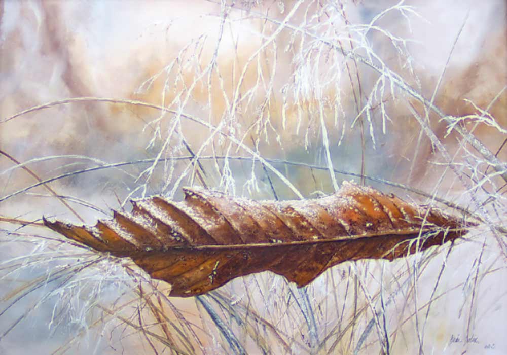 painting of a leaf in winter