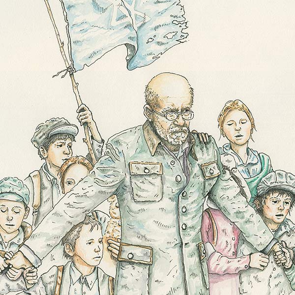 an illustration of Janusz Korczak protecting children