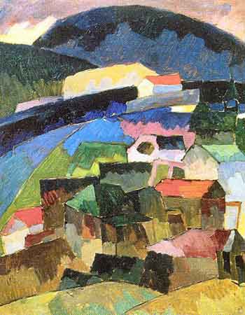 impressionist painting with colorful rooftops