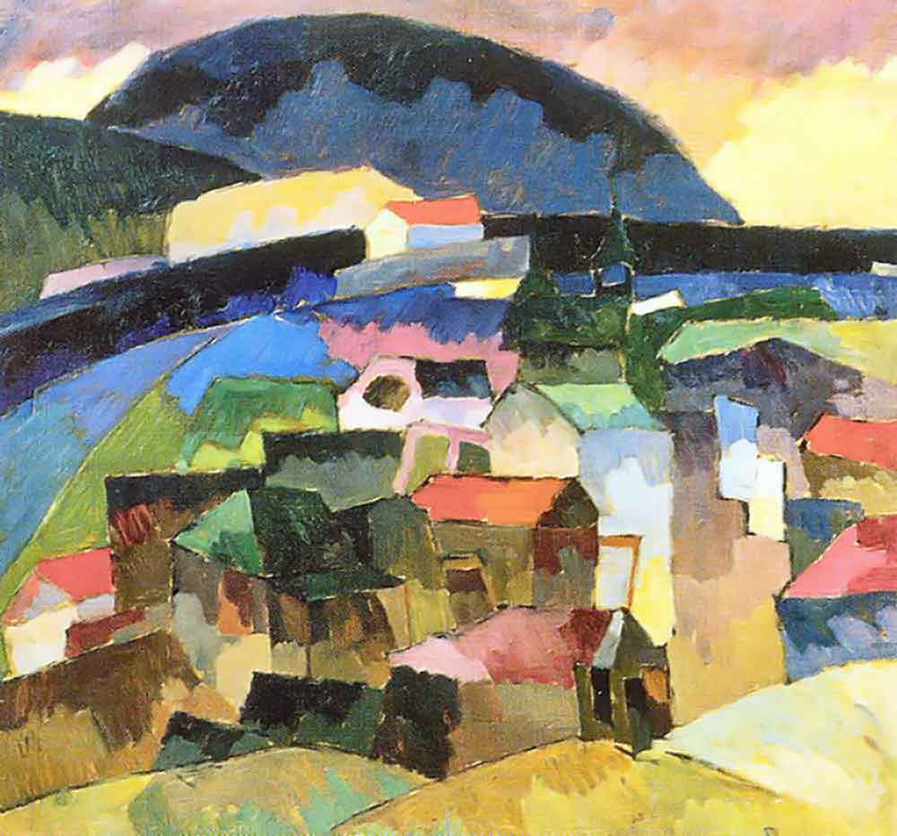 abstract painting with colorful rooftops