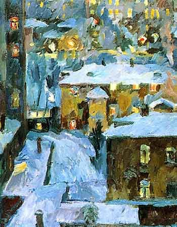 impressionistic painting of snowy houses with lighted windows