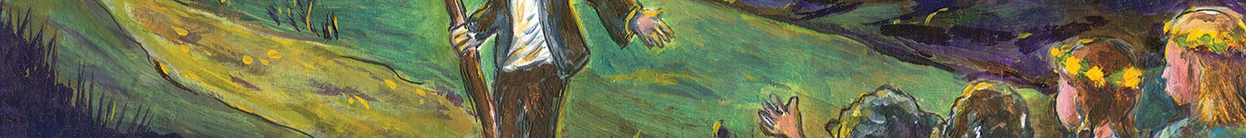 painting of kids waving at a man