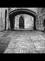 black and white photo of cobbled street