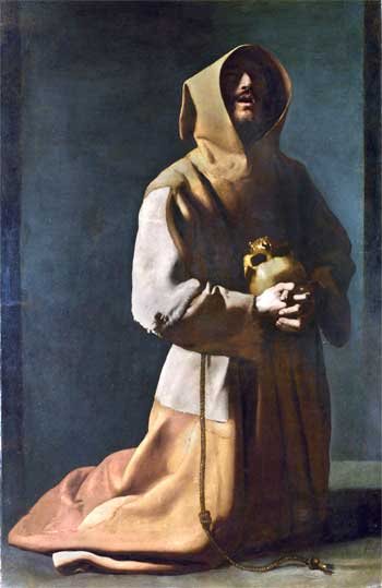 Painting of St. Francis on his knees looking upward. Francisco de Zurbarán, Saint Francis