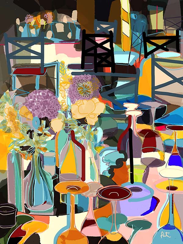 colorful illustration of a table with flowers and glasses