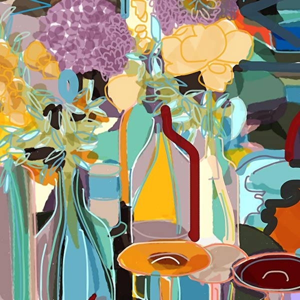 colorful illustration of a table with flowers and glasses