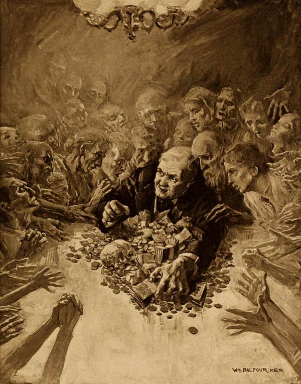 illustration of a man and his money surrounded by beggars