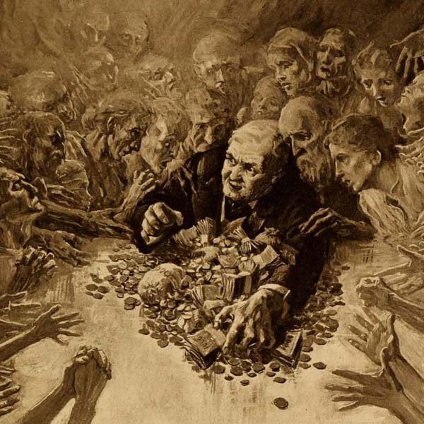 illustration of a man and his money surrounded by beggars