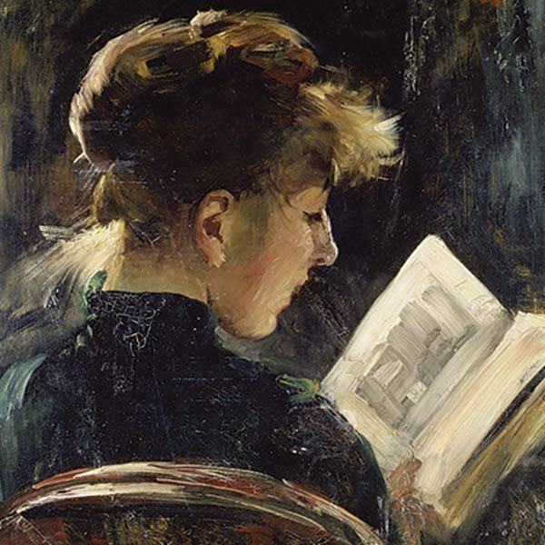 painting of a woman sitting and reading a book