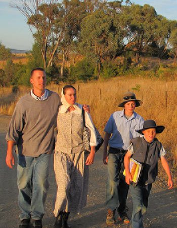 The author and her family walk a road in New South Wales
