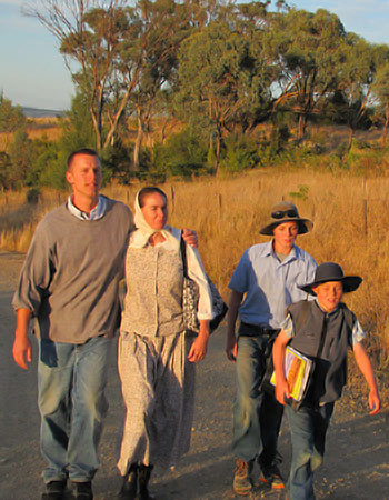 The author and her family walk a road in New South Wales