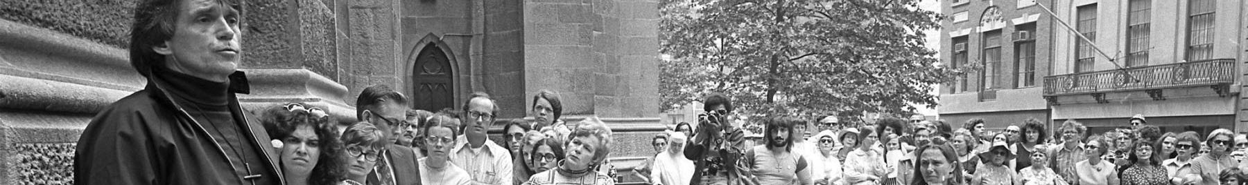 The nonviolent activist and priest Daniel Berrigan at Cornell University, 1970