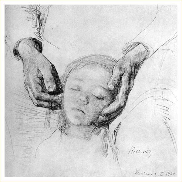 Untitled drawing by Käthe Kollwitz of a mother holding a child