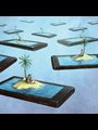 drawing of man talking on phone sitting on cellphone shaped island under a palm tree