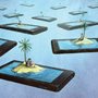 drawing of man talking on phone sitting on cellphone shaped island under a palm tree