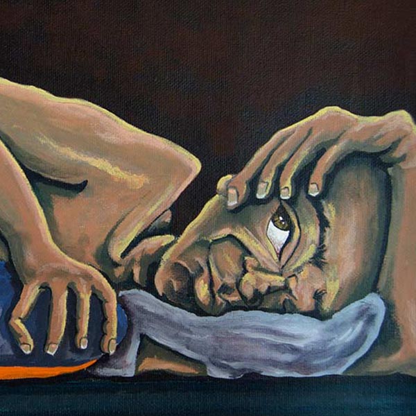 painting of an inmate lying on a cot