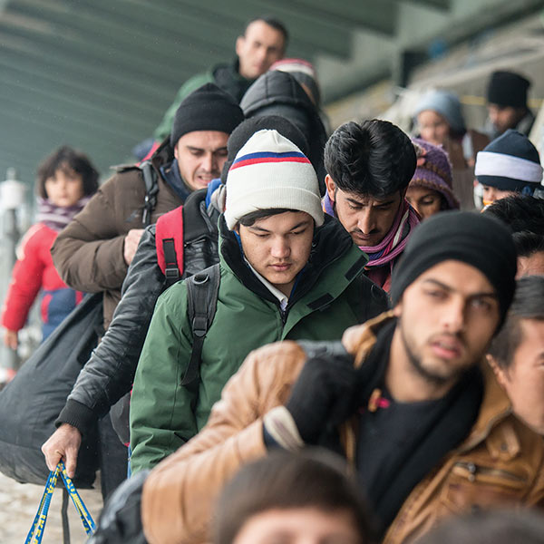 Middle Eastern refugees at the train station in Passau