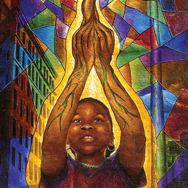 painting of a boy holding a small tree up in the air
