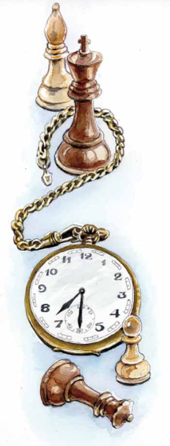 A pocket watch and chessmen.