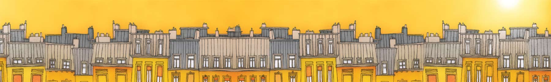 painting of yellow city skyline under bright sun