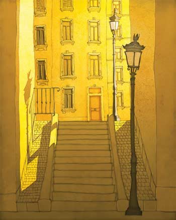 painting of lamppost against a yellow city