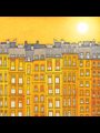 painting of a yellow row houses under a bright sun