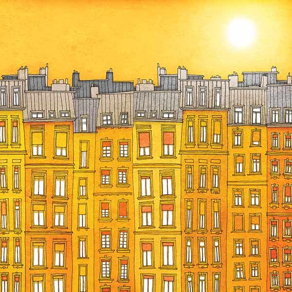 painting of a yellow row houses under a bright sun