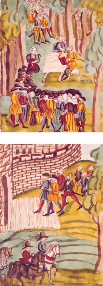 Sixteenth-century paintings show an illicit Anabaptist meeting followed by the arrest of two Anabaptist preachers.