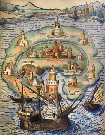 a colored map of utopia from 1516