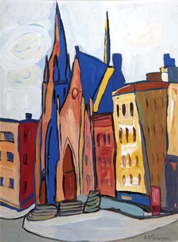 colorful painting of a church