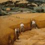 vintage painting of people harvesting wheat