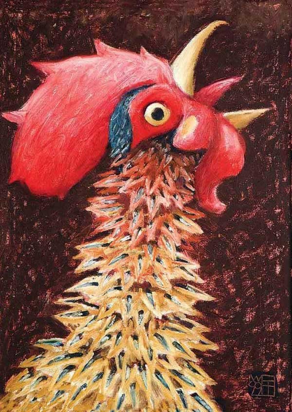 painting of a crowing rooster by Wayne Forte