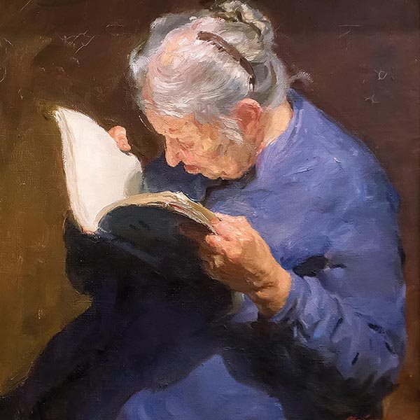 Painting of an elderly woman reading a book