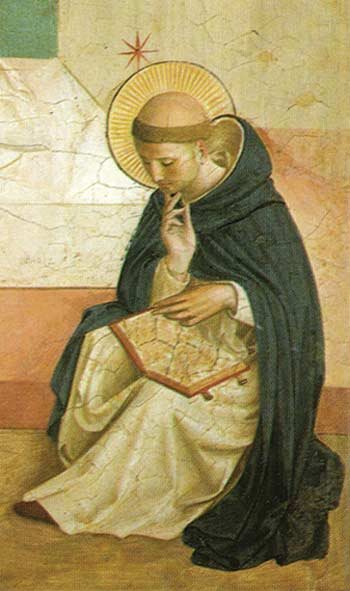 Fra Angelico, Mocking of Christ, detail. Saint Dominic de Guzmán reads the story of Jesus’ Passion while Mary grieves.