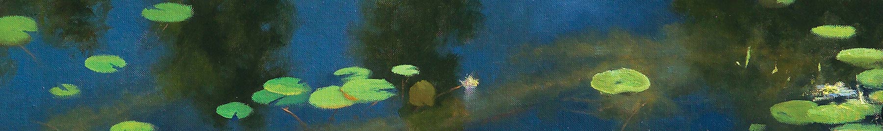 oil painting of lily pads on a pond with reflections