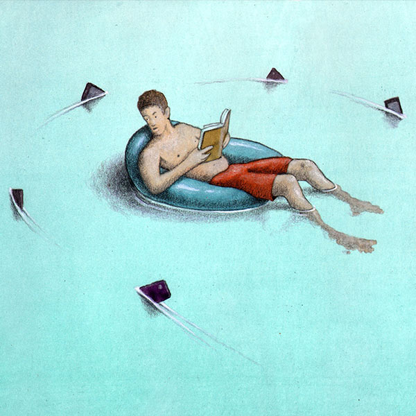 man reading a book is threatened by mobile phone sharks