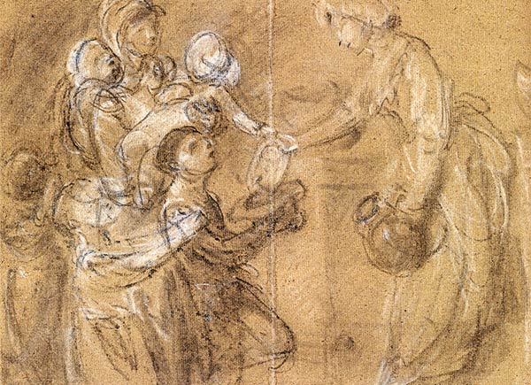sketch of woman giving food to children