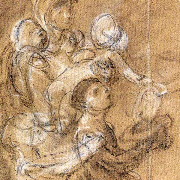 sketch of woman giving food to children