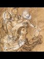 sketch of woman giving food to children