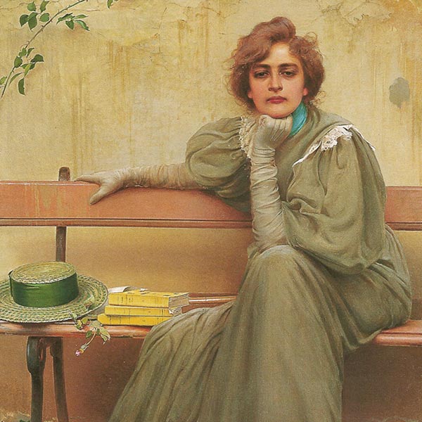 Painting of a woman sitting on a bench